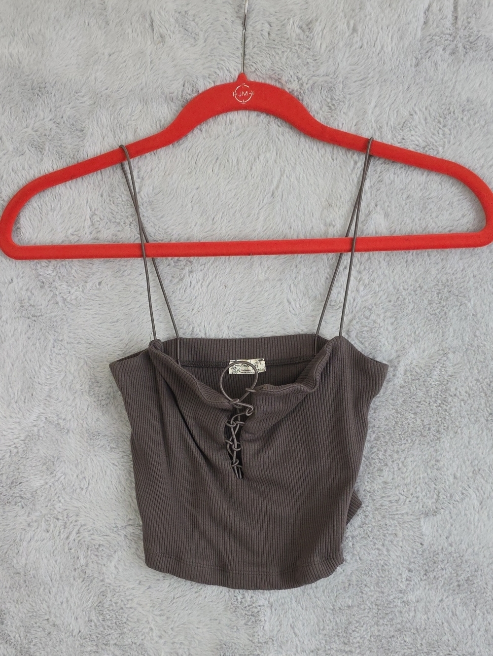 *MithingMu Brown Ribbed Lace Up Crop Tank Top Spaghetti Strap Women's Small